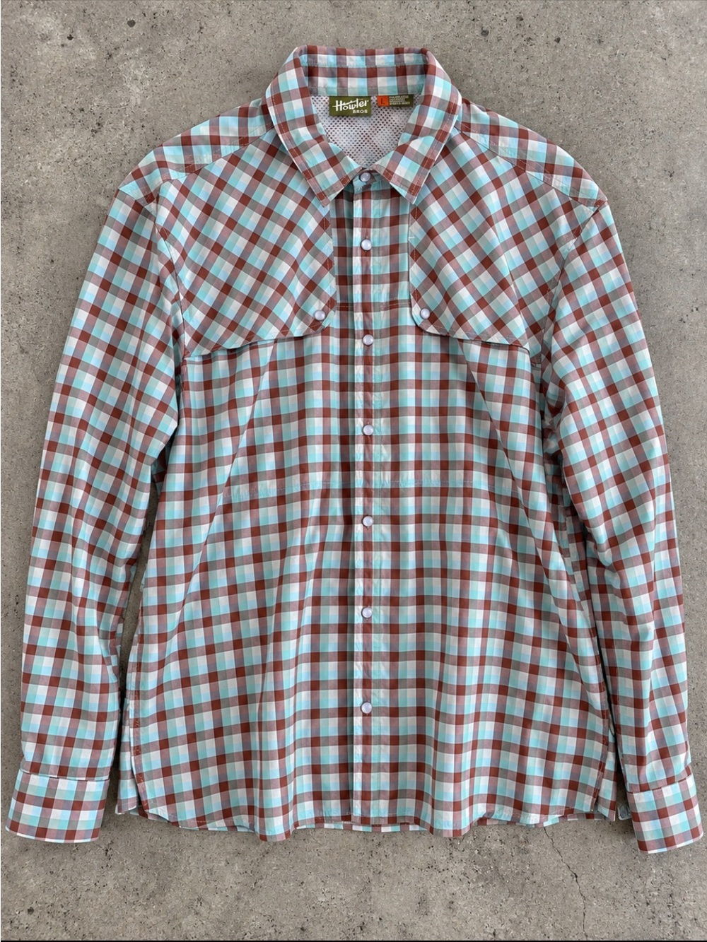 Howler Bros Plaid Western Snap Shirt Men’s Large Aqua Brown Outdoor Breathable